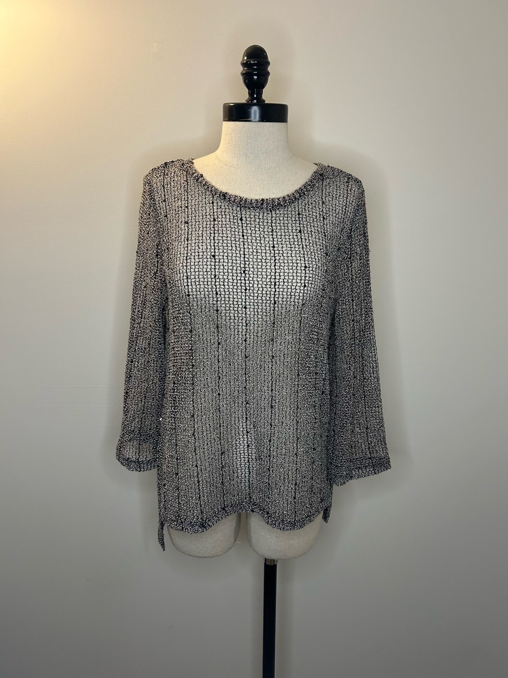 INC Black White 3/4 Sleeve Sequins Open Knit Sweater Lightweight Womens M